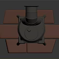 Metal Stove Structure With Tall Chimney And Red Base Stand