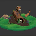 Cute Cartoon Scene With Foxes Badger Tree Stump And Green Grass