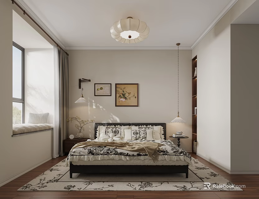 Cozy Bedroom Interior With Comfortable Bed Decorative Paintings Ceiling Lamp Nightstands And Area Rug 3d model 