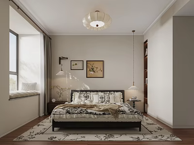 Cozy Bedroom Interior With Comfortable Bed Decorative Paintings Ceiling Lamp Nightstands And Area Rug 3d model