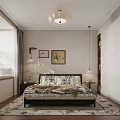 Cozy Bedroom Interior With Comfortable Bed Decorative Paintings Ceiling Lamp Nightstands And Area Rug
