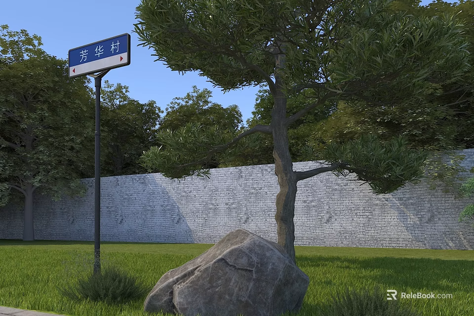 Urban Road Facilities With Street Sign Tree Grass Stone Wall And Large Rock 3d model 