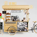 Yellow Mobile Food Cart with Drinks Snacks Display Shelves Colorful Balloons Blackboard Menu Bicycle Wheels