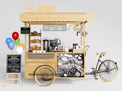 Yellow Mobile Food Cart with Drinks Snacks Display Shelves Colorful Balloons Blackboard Menu Bicycle Wheels 3d model