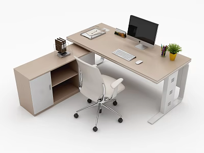 Modern Office Desk Setup With Computer Monitor Keyboard Mouse Notebook And Potted Plant 3d model