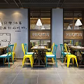 Korean BBQ Restaurant Interior With Pendant Lights Yellow Blue Chairs And Dining Tables