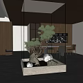 Modern Interior Design With Glass Partition Bonsai Pine Wooden Elements Stones And Glowing Orbs