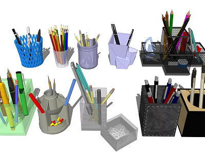 Various Pen Holders With Colorful Pens And Desk Organizers In Different Designs 3d model