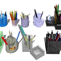 Various Pen Holders With Colorful Pens And Desk Organizers In Different Designs