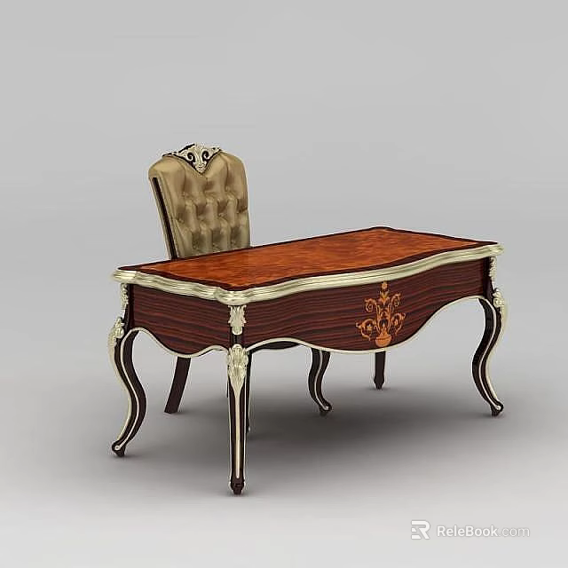 Elegant Classical Wooden Desk With Ornate Carvings And Upholstered Armchair 3d model 