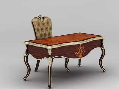 Elegant Classical Wooden Desk With Ornate Carvings And Upholstered Armchair 3d model