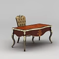 Elegant Classical Wooden Desk With Ornate Carvings And Upholstered Armchair