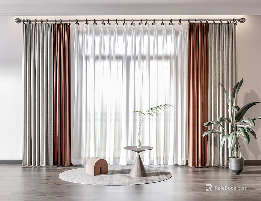Elegant Brown And Beige Curtains For Large Window With Indoor Plant And Small Rug 3d model 