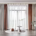 Elegant Brown And Beige Curtains For Large Window With Indoor Plant And Small Rug