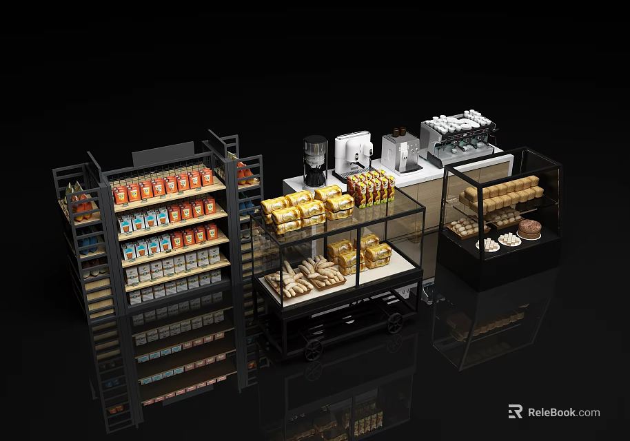 Modern Commercial Display Shelves With Glass Doors And Assorted Canned Boxed Products 3d model 