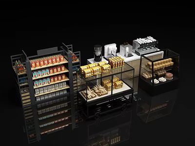 Modern Commercial Display Shelves With Glass Doors And Assorted Canned Boxed Products 3d model