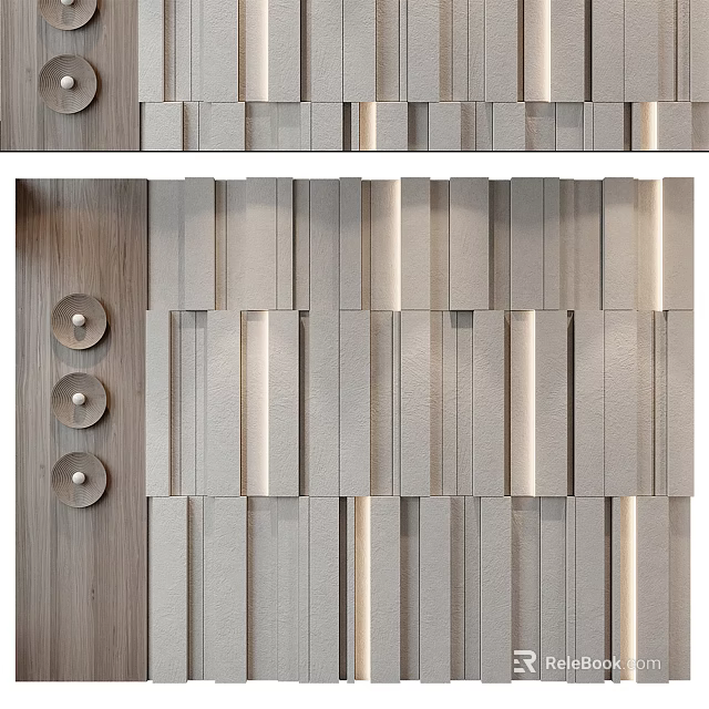Modern Wooden Background Wall With Layered Geometric Decorative Blocks And Circular Accents 3d model 