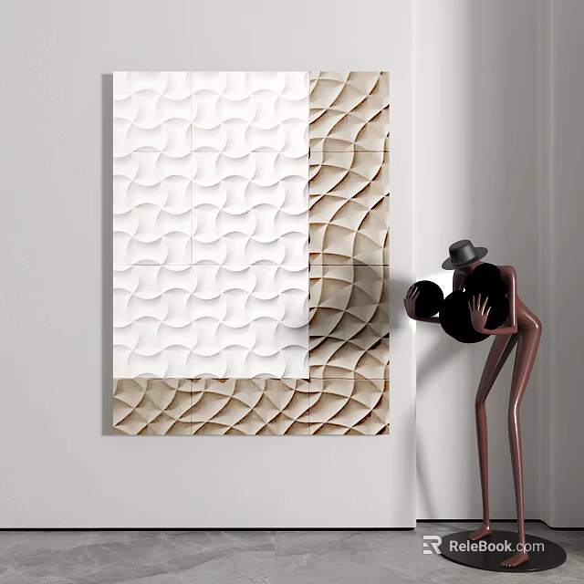 Modern Interior With Large Wavy Pattern Art And Abstract Hat Sculpture 3d model