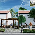 Rural Landscape with White Houses Red Roofs Pink Flowering Trees Greenery Pavilion and People Resting
