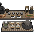 Traditional Tea Set with Black Ceramic Teapot Bamboo Tray and Multiple Tea Cups 3d model