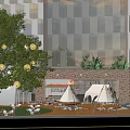 Relaxing Garden Landscape Design With Large Tree Teepee Tent Straw Umbrella And Outdoor Chairs