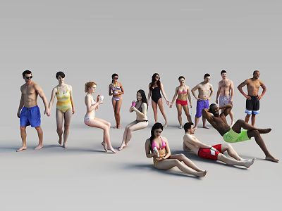 Group of People in Swimwear with Various Standing and Sitting Poses 3d model
