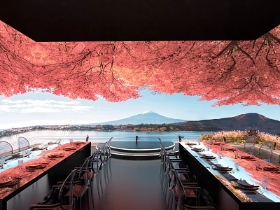Cherry Blossom Covered Banquet Hall With Lake View Mount Fuji And Dining Table Settings 3d model