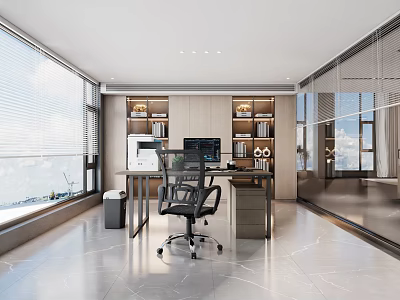 Modern Office Interior With Large Windows Bookshelves Desk And Marble Floor 3d model