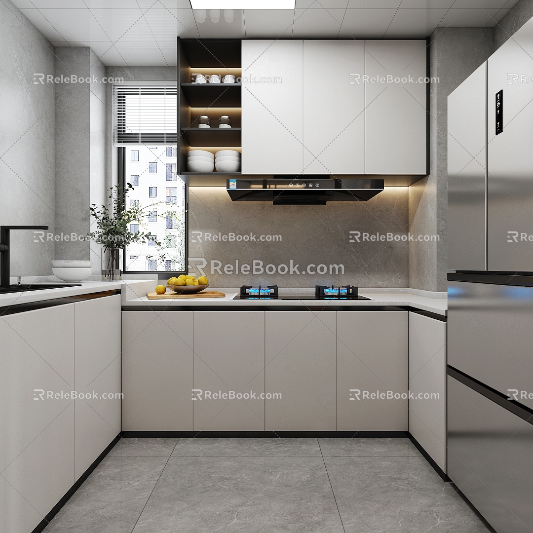 Kitchen Cabinet Hanging Cabinet Kitchenware Ornaments Stove Range Hood Refrigerator 3d model