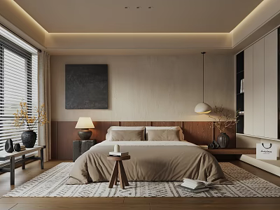 Modern Bedroom Interior with Beige Bed Wooden Headboard Nightstand Lamp and Area Rug 3d model