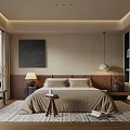 Modern Bedroom Interior with Beige Bed Wooden Headboard Nightstand Lamp and Area Rug