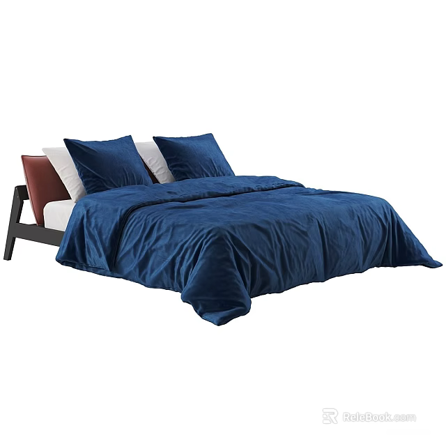 Modern Double Bed With Blue Duvet White Pillows And Wooden Headboard 3d model 