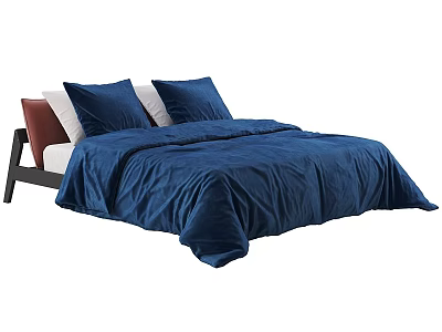 Modern Double Bed With Blue Duvet White Pillows And Wooden Headboard 3d model