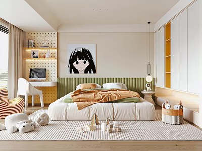 Modern Kids Room Interior Design With Comfortable Bed Study Desk Decorative Art And Storage Cabinets 3d model