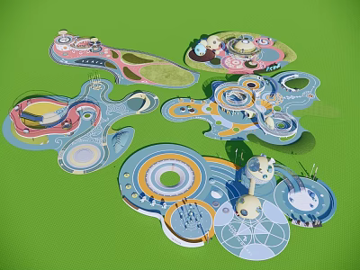 Colorful Children's Play Area Design with Circular Interactive Play Structures and Curved Paths 3d model
