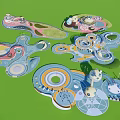 Colorful Children's Play Area Design with Circular Interactive Play Structures and Curved Paths