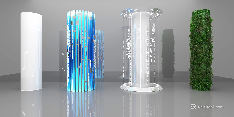 Decorative Transparent Glass Columns With Blue Vertical Stripes And White Text Inscriptions In Modern Interior 3d model 