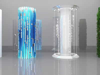 Decorative Transparent Glass Columns With Blue Vertical Stripes And White Text Inscriptions In Modern Interior 3d model