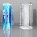 Decorative Transparent Glass Columns With Blue Vertical Stripes And White Text Inscriptions In Modern Interior
