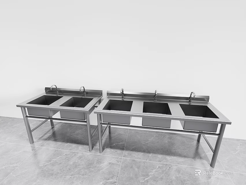 Two Stainless Steel Kitchen Sinks with Multiple Bowls Faucets and Stand on Gray Floor 3d model 