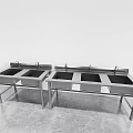 Two Stainless Steel Kitchen Sinks with Multiple Bowls Faucets and Stand on Gray Floor
