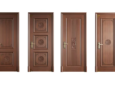 Elegant Wooden Swing Doors With Various Carved Patterns And Metal Handles 3d model