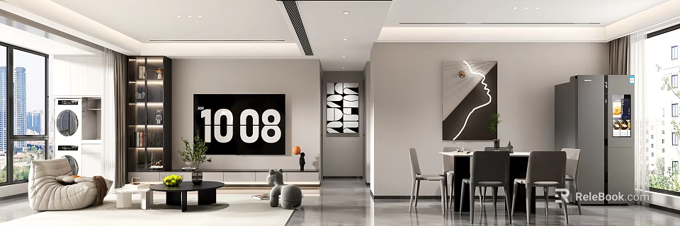 Modern Living Dining Interior Design With Open Layout TV Wall Dining Table And Artwork 3d model