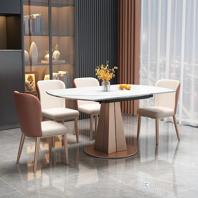 Modern Dining Table Set With White Marble Top Beige Chairs And Flower Centerpiece 3d model 