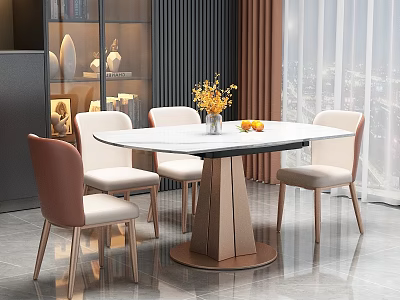 Modern Dining Table Set With White Marble Top Beige Chairs And Flower Centerpiece 3d model