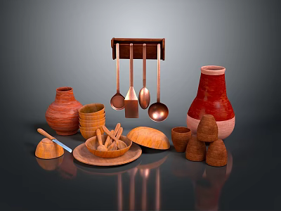 Ceramic Wooden and Copper Household Items with Pots Bowls Spoons Plates and Containers 3d model