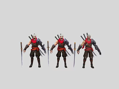 Three Samurai Style Game Characters With Red Scarf Black Outfit And Weapons In Different Angles 3d model