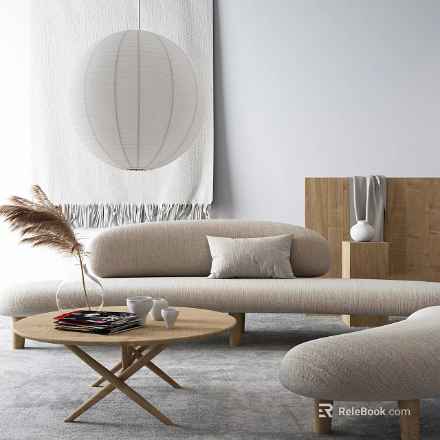 Beige Sofa and Wooden Coffee Table Set with Pampas Grass Magazine and Decorative Items 3d model 