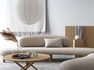 Beige Sofa and Wooden Coffee Table Set with Pampas Grass Magazine and Decorative Items 3d model