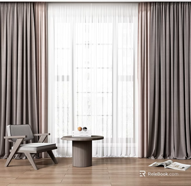Modern Gray Curtains With White Sheer Layers Chair And Small Table On Wooden Floor 3d model 